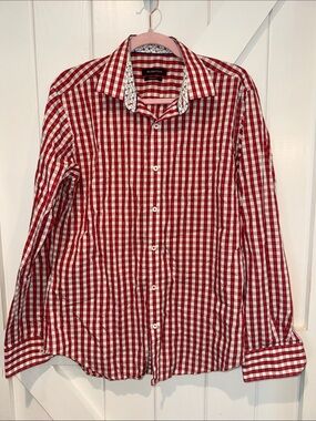 Bugatchi Shaped Fit Men’s Medium Red Gingham Button Down Shirt Flamingo Trim